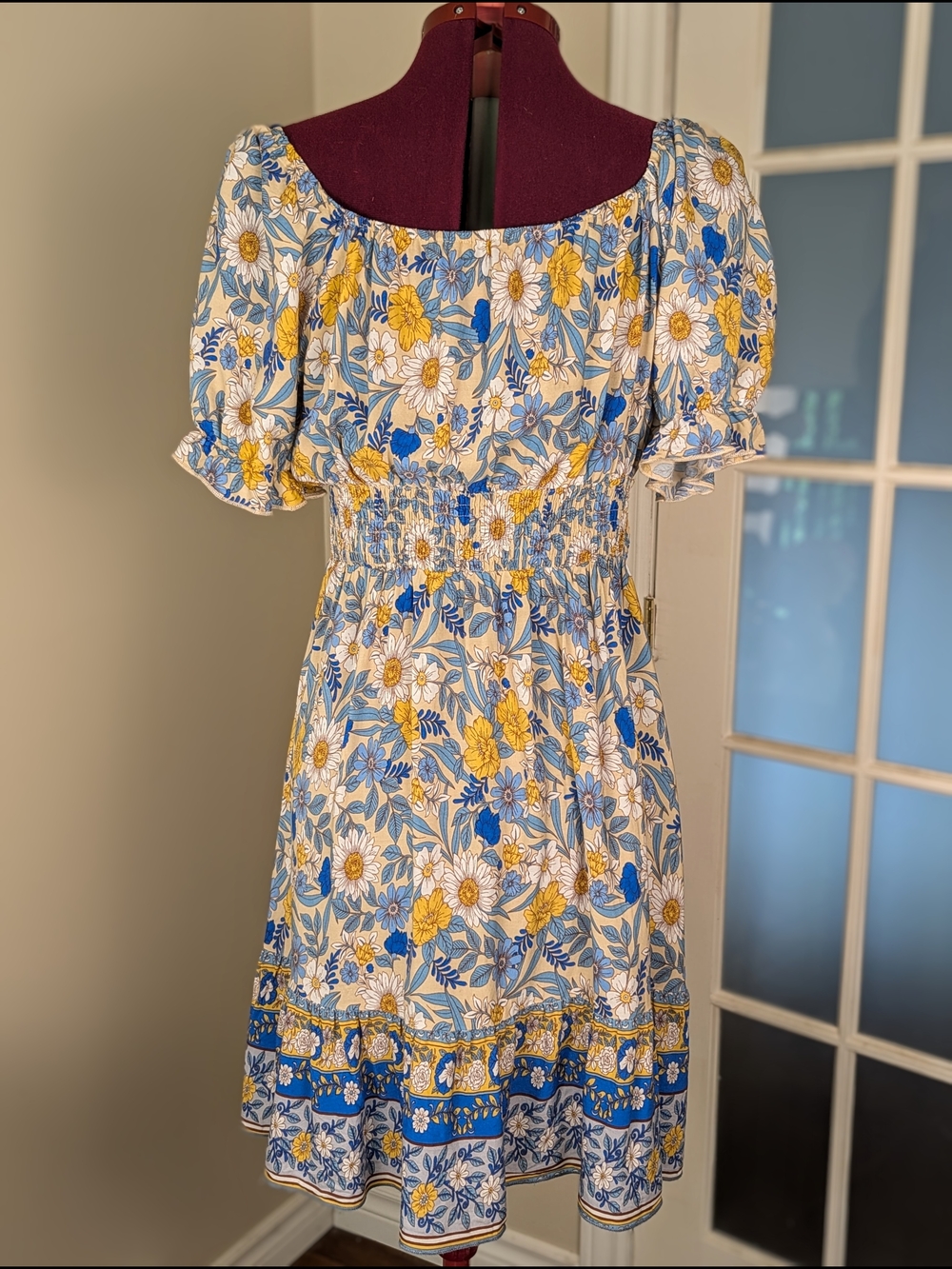 Blue and Yellow Floral Midi Dress with Puff Sleeves - Picture 5 of 5